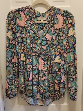 LOFT Navy Floral Pintuck Blouse - Pink, Aqua & Teal Accents